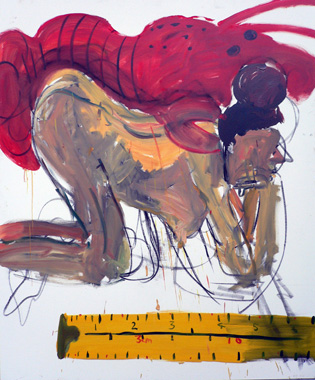 Elizabeth Cope: Dee with lobster on her back and tape measure, 2006, oil on canvas, 182.9 x 121.9 cm